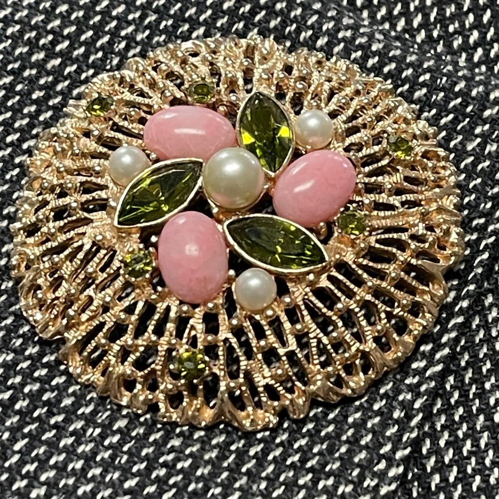 Vintage Gold Rhinestone, Green Glass, Pearl, & Pink Marbled Flower Pin Brooch